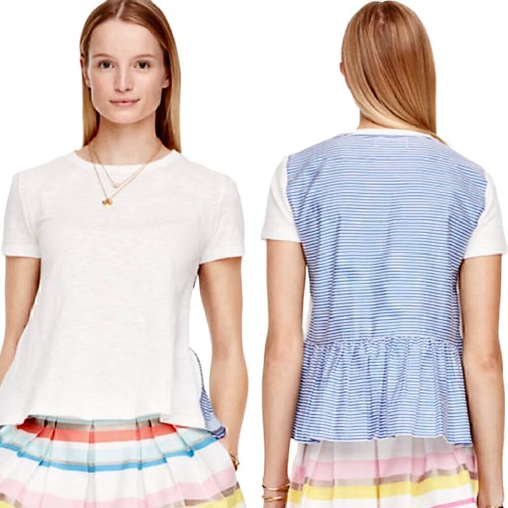 Kate Spade Broome Street White Blue Striped Cotton Ruffle Peplum Top Size Small